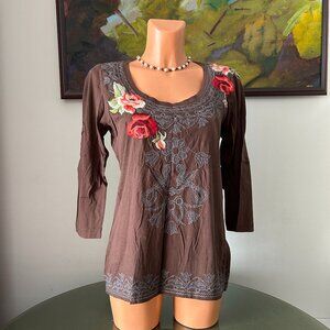 Johnny Was NWOT Embroidered Boho Chic Long-Sleeve Top